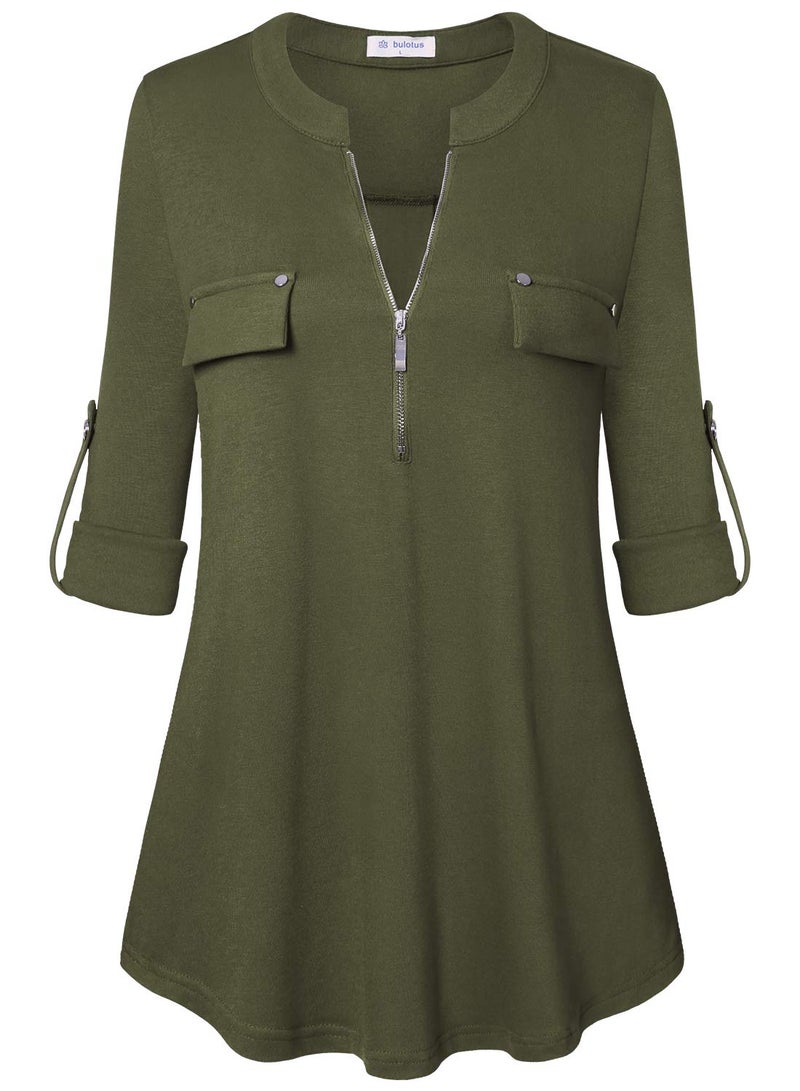 Bulotus Women's Plus Size Solid 3/4 Sleeve Zipper Top Casual Shirt,Green,XX-Large - Image 1